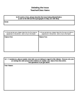 Preview of Debating the Issue - A Graphic Organizer for One Day Topic Discussions/Debates