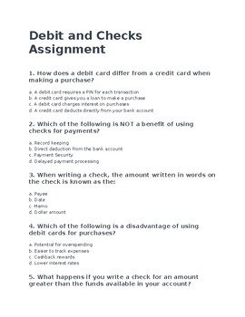Preview of Debit and Checks Assignment