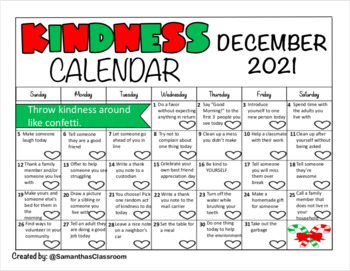 Preview of December 2021 Kindness Calendar (Editable)