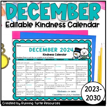 Preview of December Kindness Calendar 2024-2030  Random Acts of Kindness Challenge EDITABLE