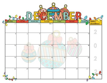 Preview of December 2022 Editable Calendar