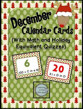 Preview of December Calendar Cards with Math and Holiday Quizzes