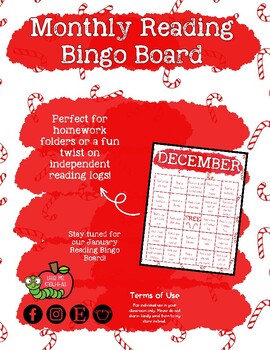 Preview of December Candy Cane Reading Bingo Board, Reading Log Printable, Christmas