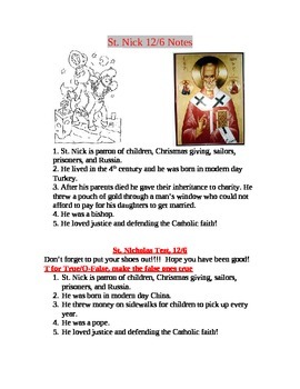 Preview of December Catholic Saints: Notes, True/ False tests, Answer keys