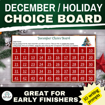 Preview of December / Christmas Choice Board With Holiday 50 Writing Prompts