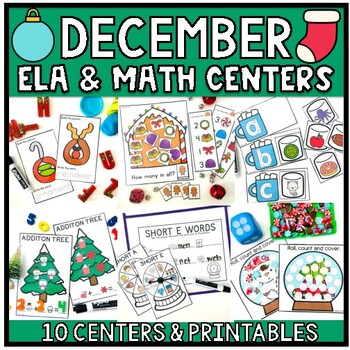 Preview of December Christmas Math and Literacy Centers Kindergarten Activities Holiday