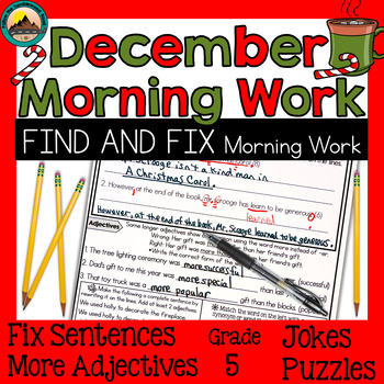 Preview of December Christmas ELA Morning Work Adjectives and Fix the Sentences Worksheets