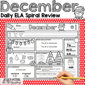 Preview of ELA Spiral Review for First Grade Morning Work | December Worksheets