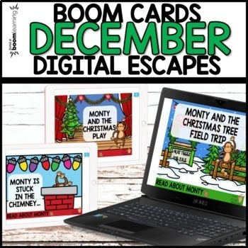 Preview of December Christmas Digital Escape Room Boom Cards Place Value, Digraphs, Blends