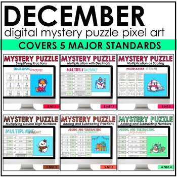 Preview of December Digital Mystery Puzzle Pixel Art Bundle | Fractions | Decimals