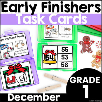 Preview of December Early Finisher Activity Phonics and Math Task Card Boxes for 1st Grade