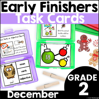 Preview of December Early Finisher Phonics and Math Activity Task Card Boxes for 2nd Grade