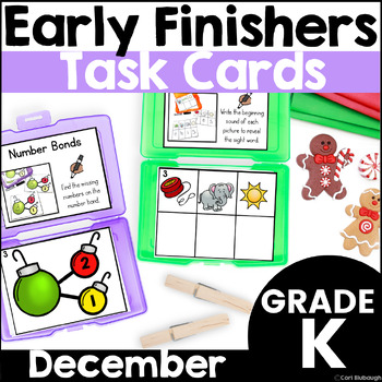 Preview of December Early Finisher Activity Phonics & Math Task Card Boxes for Kindergarten