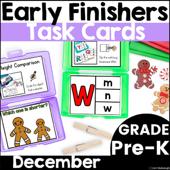 Preview of December Early Finisher Phonics and Math Activity Task Card Boxes for Pre-K