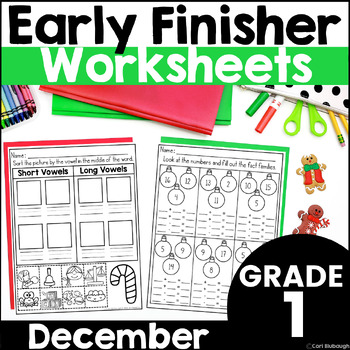 Preview of December Early Finishers Winter Phonics and Math Worksheet Packet for 1st Grade