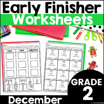 Preview of December Winter Phonics and Math Early Finisher Worksheet Packet for 2nd Grade