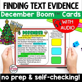 Preview of December Finding Citing Text Evidence Reading Boom Cards Task Cards with Audio
