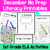 December First Grade No Prep Literacy Worksheet Packet + T