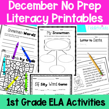 Preview of December First Grade No Prep Literacy Worksheet Packet + TpT EASEL Activity