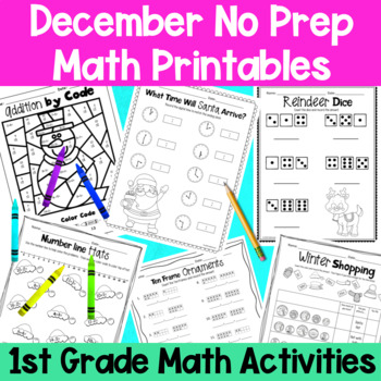 Preview of December First Grade No Prep Math Worksheet Packet + TpT EASEL Activity