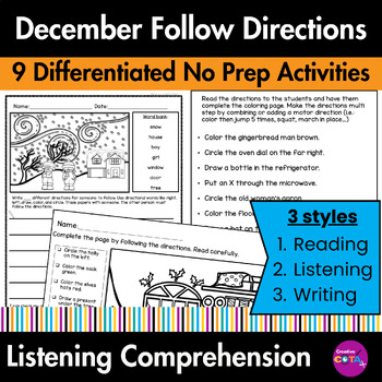 Preview of Following Directions & Listening Comprehension Skills December Coloring Pages