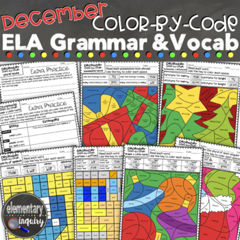 Preview of December Holiday ELA Color by Code Activity Vocabulary and Grammar Worksheets