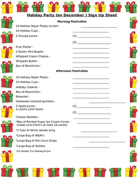 December Holiday Party Sign Up Sheet by Training For All | TpT