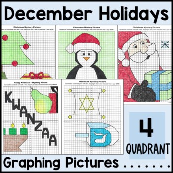 Preview of December Holidays Coordinate Plane Mystery Graphing Pictures - Four Quadrant