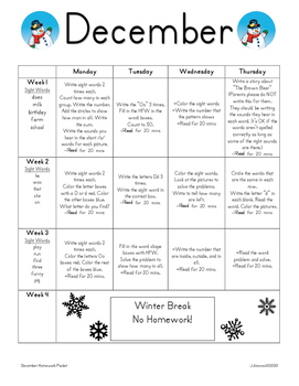 December Homework Packet for Kindergarten/First Grade by Jennifer Chan