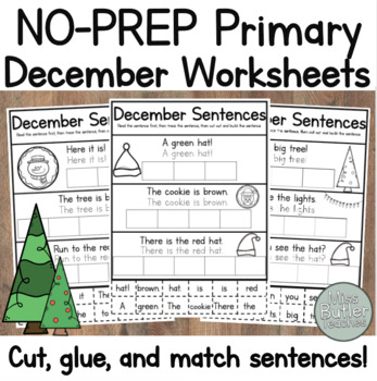 Preview of December Kindergarten Worksheets - Cut Glue and Match Sentences Center!
