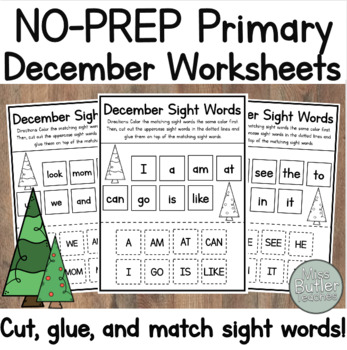 Preview of December Kindergarten Worksheets - Cut Glue and Match Sight Words Center!