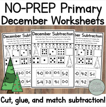 Preview of December Kindergarten Worksheets - Cut Glue and Match Subtraction Math Center!
