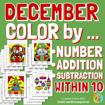 Preview of December Math Activities: Color by Number, Add/Sub within 10 - 12 Pages!