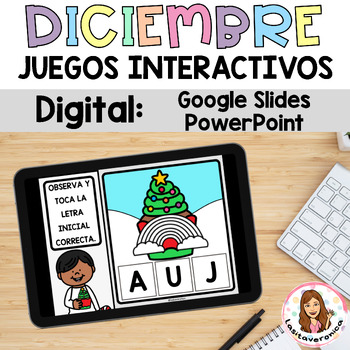 Preview of December Math & Literacy Digital Games. Juegos interactivos Spanish. Navidad.