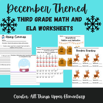 Preview of December Math and ELA Worksheets for Third Grade