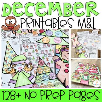 Preview of December Math and Literacy Worksheets Kindergarten | Christmas Activities