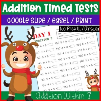 Preview of December NO PREP Pages Literacy & Math Activities for Addition Timed Tests to 7
