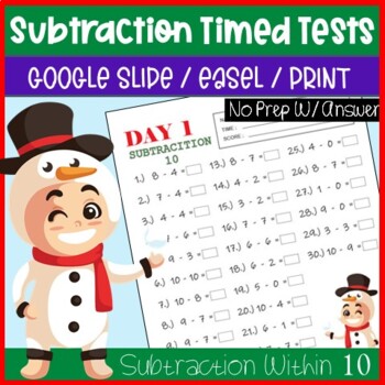 Preview of December NO PREP Pages Literacy & Math Activities for Subtraction Timed Tests 10