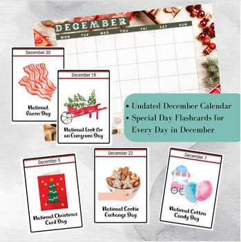 Preview of December National Days Flashcards and FREE Undated December Printable Calendar
