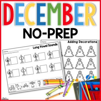 Preview of December No Prep Holiday Math and Literacy Worksheets for Kindergarten