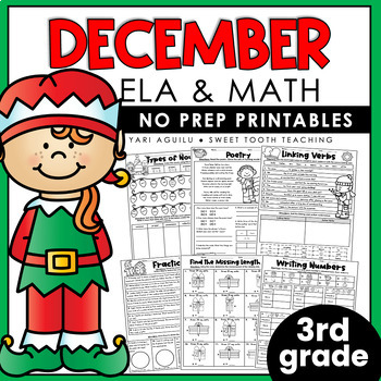 Preview of December No Prep Printables | 3rd Grade Winter Worksheets | Literacy & Math