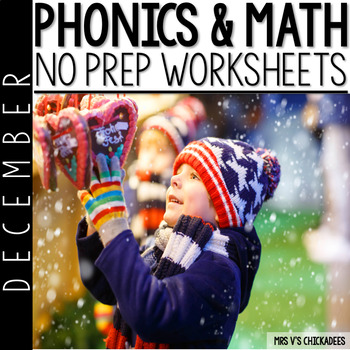 Preview of December No Prep Phonics and Math Worksheets for Kindergarten