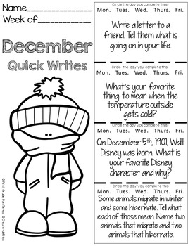 Christmas Activities December Quick Writes Writing Prompts for Upper ...