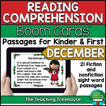 Preview of December Reading Comprehension for Kinder and First BOOM CARDS™