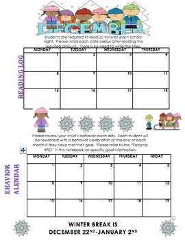 Preview of December Reading Log and Behavior Calendar