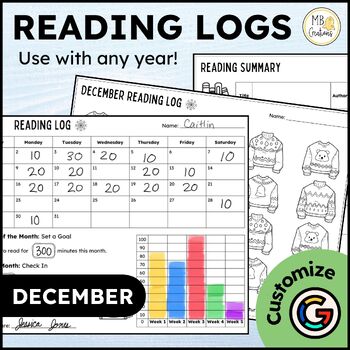 Preview of December Reading Logs - Editable Reading Log with Parent Signature and Summary
