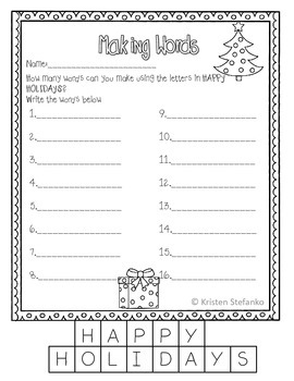 December Ready to Print Activities (Grade 1) by Kristen Stefanko