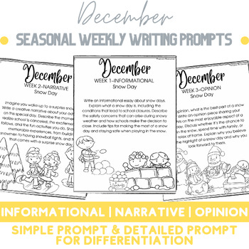 Preview of December Seasonal Weekly Writing Prompt | Snow Day | Journal | Station | Center