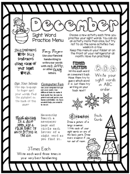 December Sight Word Menu by Charla Cosgray | Teachers Pay Teachers