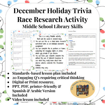 Preview of December Trivia Race Video Lesson & Worksheet Middle School Library Research